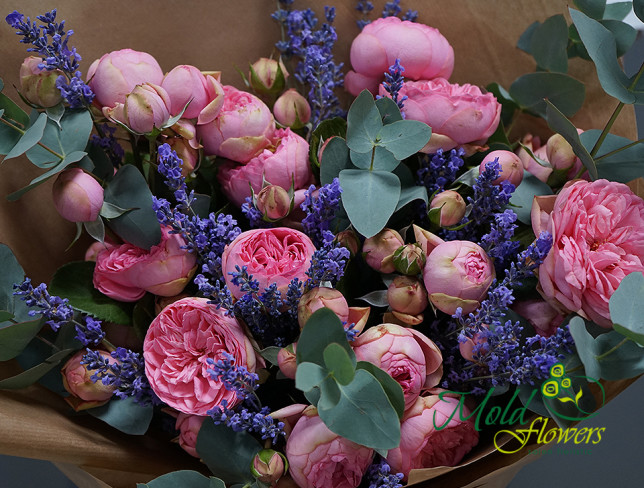 Bouquet of Pink Peony Roses and Lavender photo
